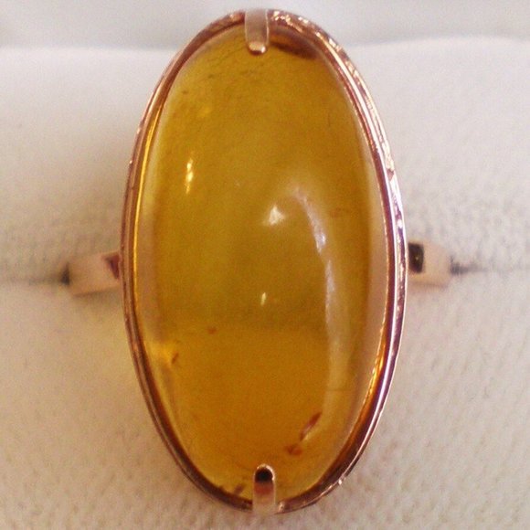 Vintage Russian Russia 14K 583 Rose Pink Gold Baltic Honey Amber Cocktail RING - Picture 3 of 3